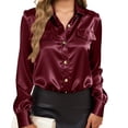 thumbnail image 4 of Dresfit Dress Shirt for Woman Collared Polo Shirts Chest Pockets Spring Long Sleeve Satin Formal Silk Blouses 2026 Lantern Cuffs Loose Elegant Tunic Wine 2XL, 4 of 6