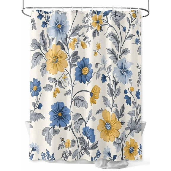 Yellow Blue Flower Shower Curtain, Abstract Floral Art Leaf Vintage Waterproof Shower Curtain Set with 12 Hooks Lightweight Washable Fabric Shower Curtains for Bathroom 72x84 Inches