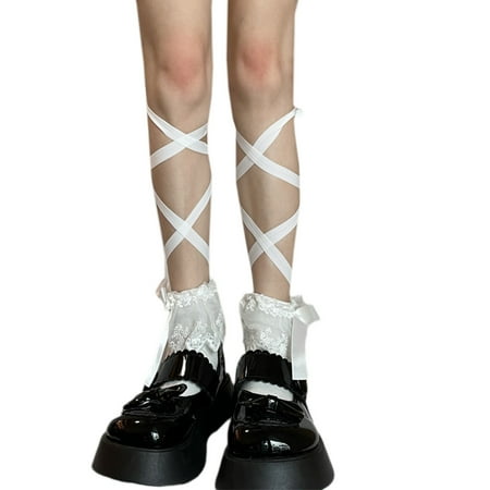 

SIEYIO White Black Long Rope for Cross Strap Socks Mid Tube Knee High Socks Bowknot Banding Lolita Socks Thigh High Loose Stocking Women Heel Cotton Soxs