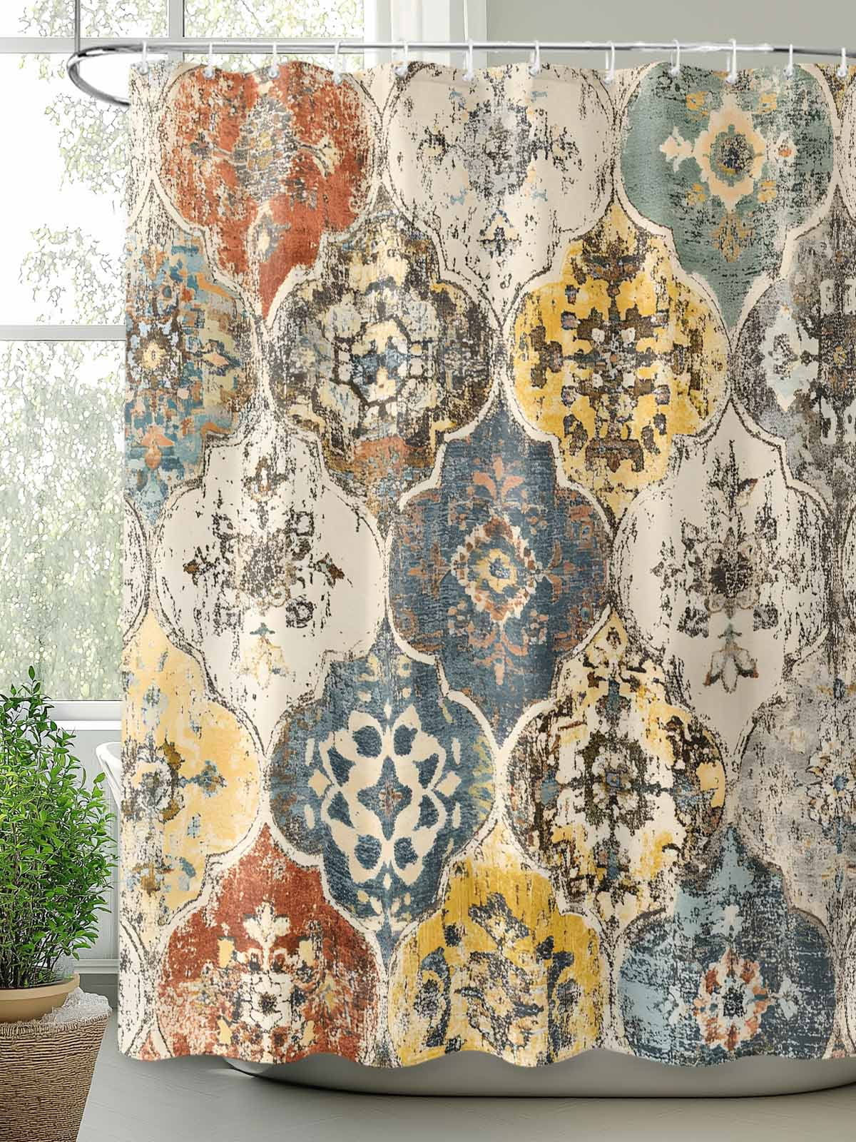 Vintage Boho Morocco Shower Curtain, Floral Lattice Pattern Bathroom Decor Curtains Set with Hooks, Yellow Cream Waterproof Fabric Home Accessories， 72 X 72 Inch Long