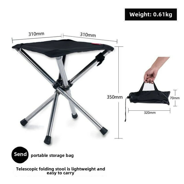 Tabouret Télescopique Pliable Original Force Forest en Acier Inoxydable Noir, Grand Format - Siège Portable Léger et Résistant à la Rouille pour le Camping, la Pêche, les Aventures en Plein Air - Rangement et Transport Faciles