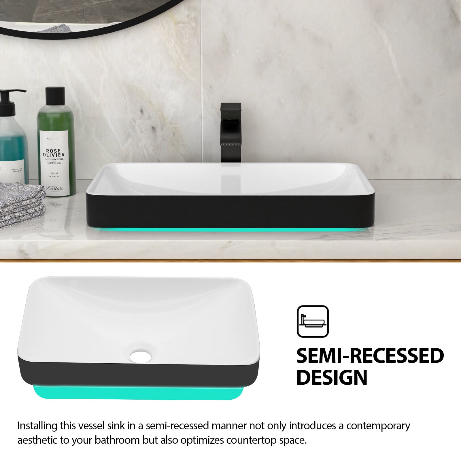 Vanity With Sink, 19"x12" White & Black Semi-Recessed Ceramic Bathroom Sink - Countertop Vessel Design, White+Black Bathroom Vanity,Ceramic Single Sink Vanity, Bath & Faucets Bathroom Vanities