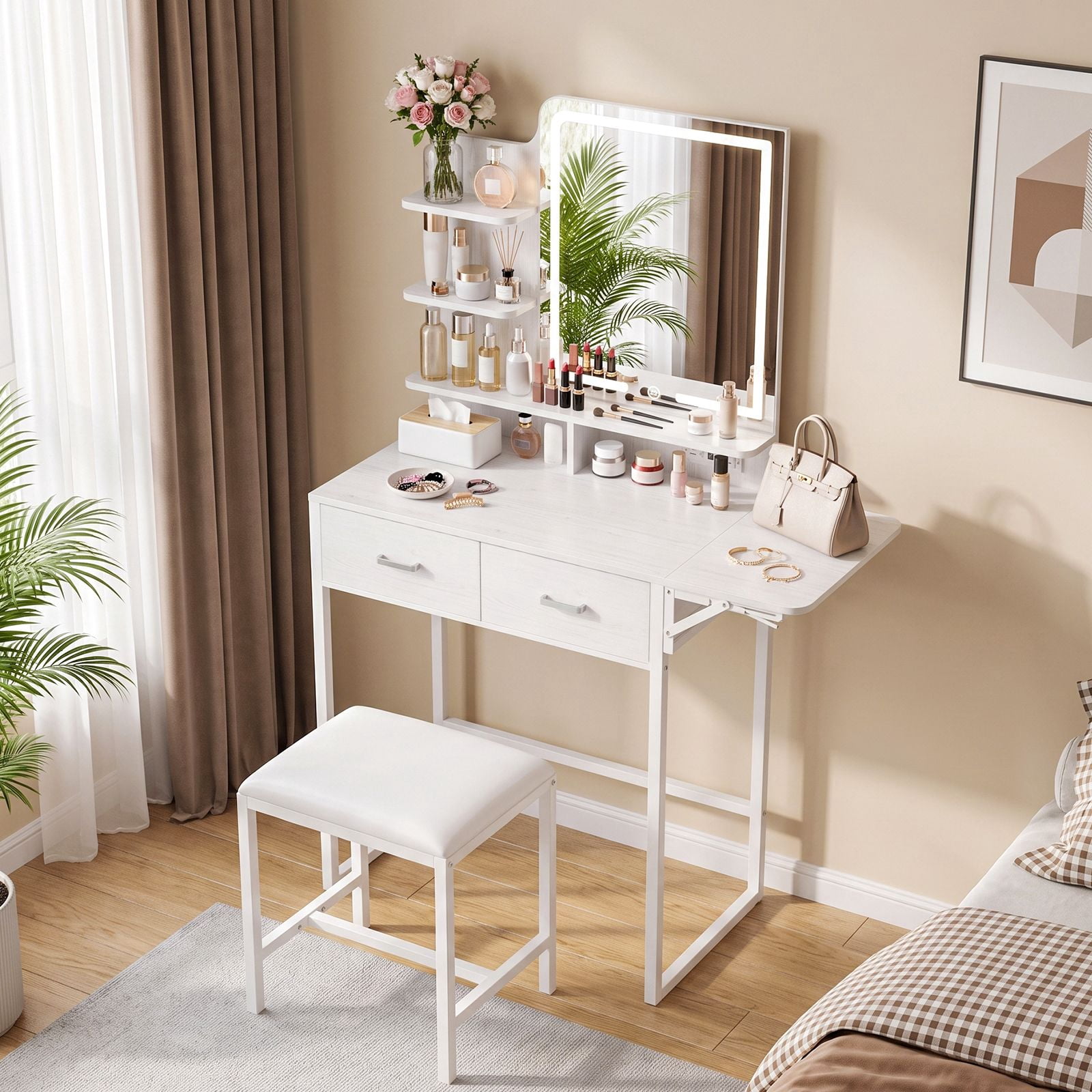 Vanity Desk with LED Lighted Mirror, Foldable Makeup Table Set with 2 Drawers, Cushioned Stool, Built-in Power Outlet and USB Ports, Open Storage Shelves, 32.6 in Extended Width