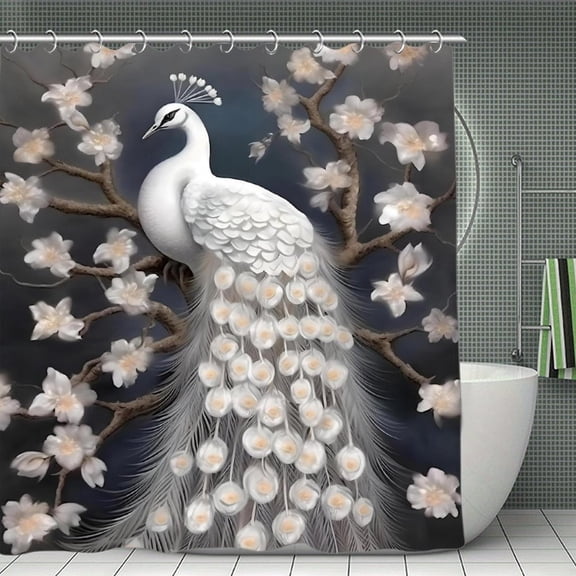 White Peacock Print Shower Curtain,Modern Fabric Waterproof Shower Curtain Set with Hooks,70.8×70.8Inch