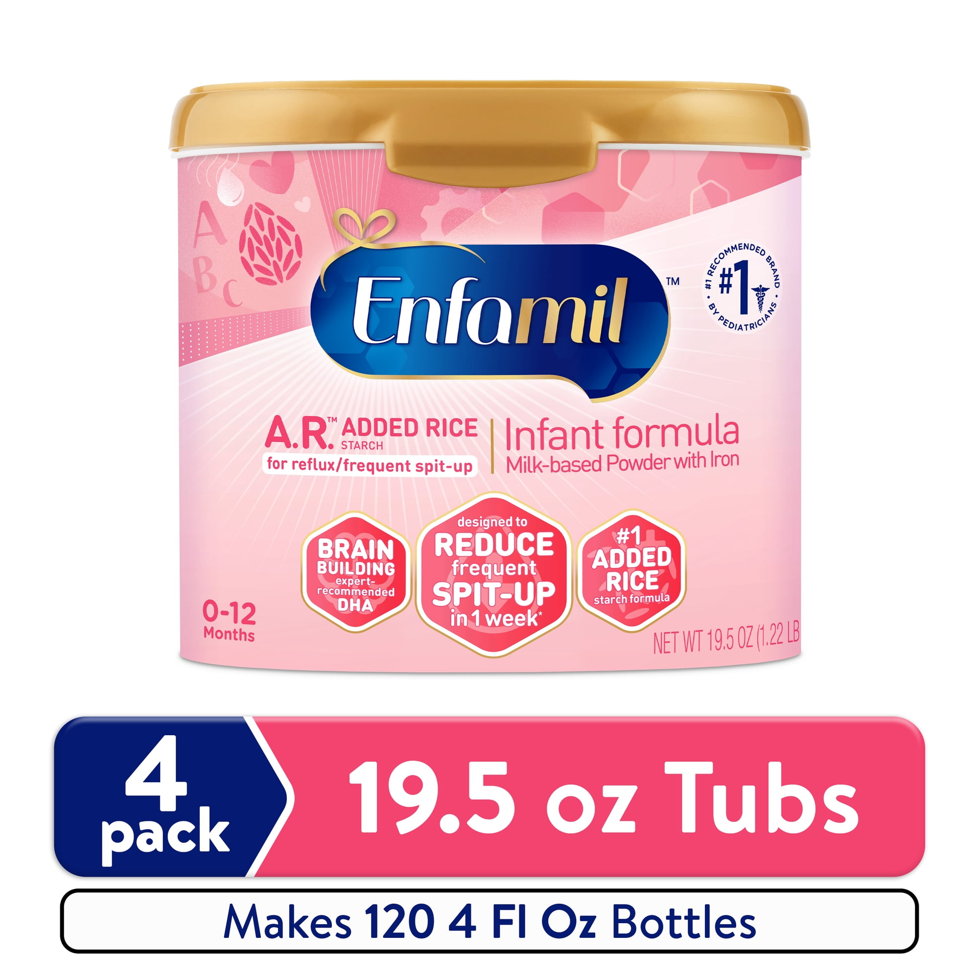 Enfamil A.R. Powder Baby Formula, Reduces Frequent Spit-Up, 19.5 oz Tub, 4 count