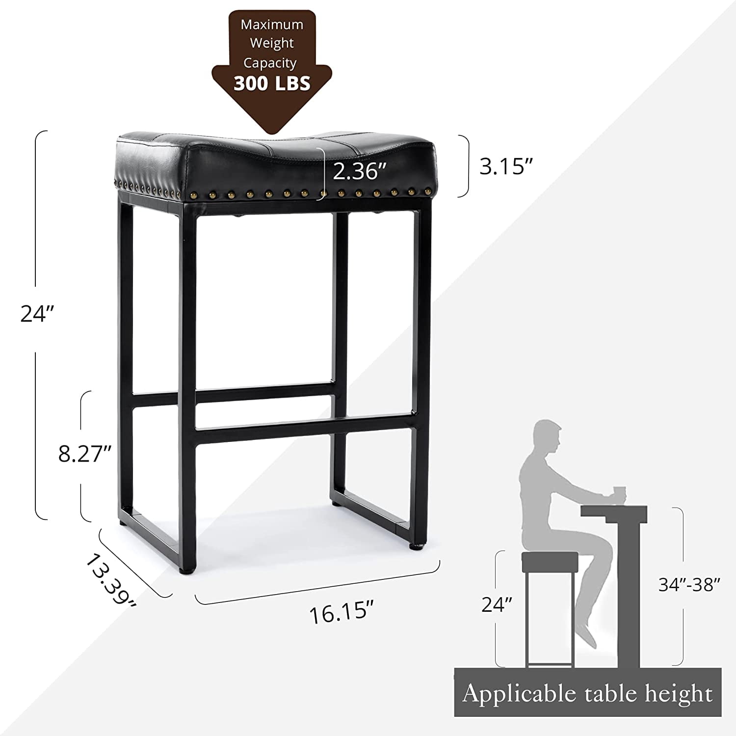 Dycanpo 24" Saddle Counter Height Bar Stools Set of 4, Modern Faux Leather, for Kitchen,Black
