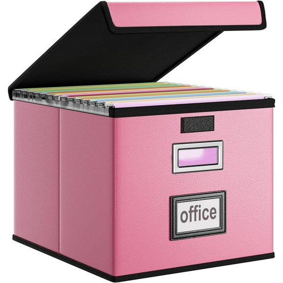 File Organizer Box with Lid, Collapsible Leather File Folder Organizer for Office Document Storage, Filing Box with Plastic Slide for Letter/Legal Size Hanging Files, Pink