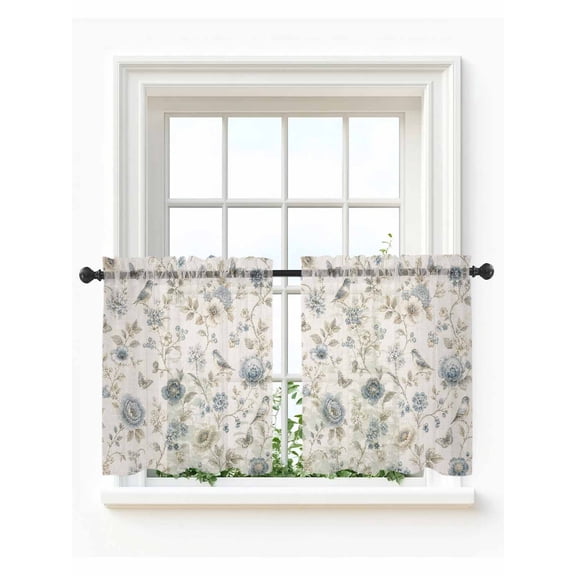 Vintage Chic Floral Tier Curtains 24 Inch Length,Sheer Curtains for Bedroom Living Room Window Farmhouse Flowers Birds Botanical Short Kitchen Curtains Drapes for Small Half Window 27.5"x24" 2 Panels