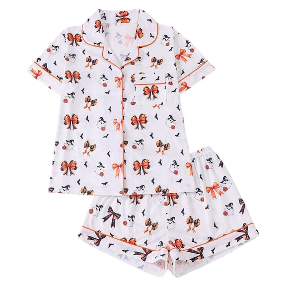Women’s Halloween Printed Pajama Set – American Style Notch Collar Short Sleeve Shirt & Shorts Loungewear