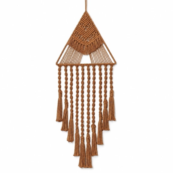 Macrame Woven Wall Hanging Dream Catcher, Triangle Tassel Geometric Boho Wall Art, Bohemian Home Decor for Apartment Dorm Room Door, Brown