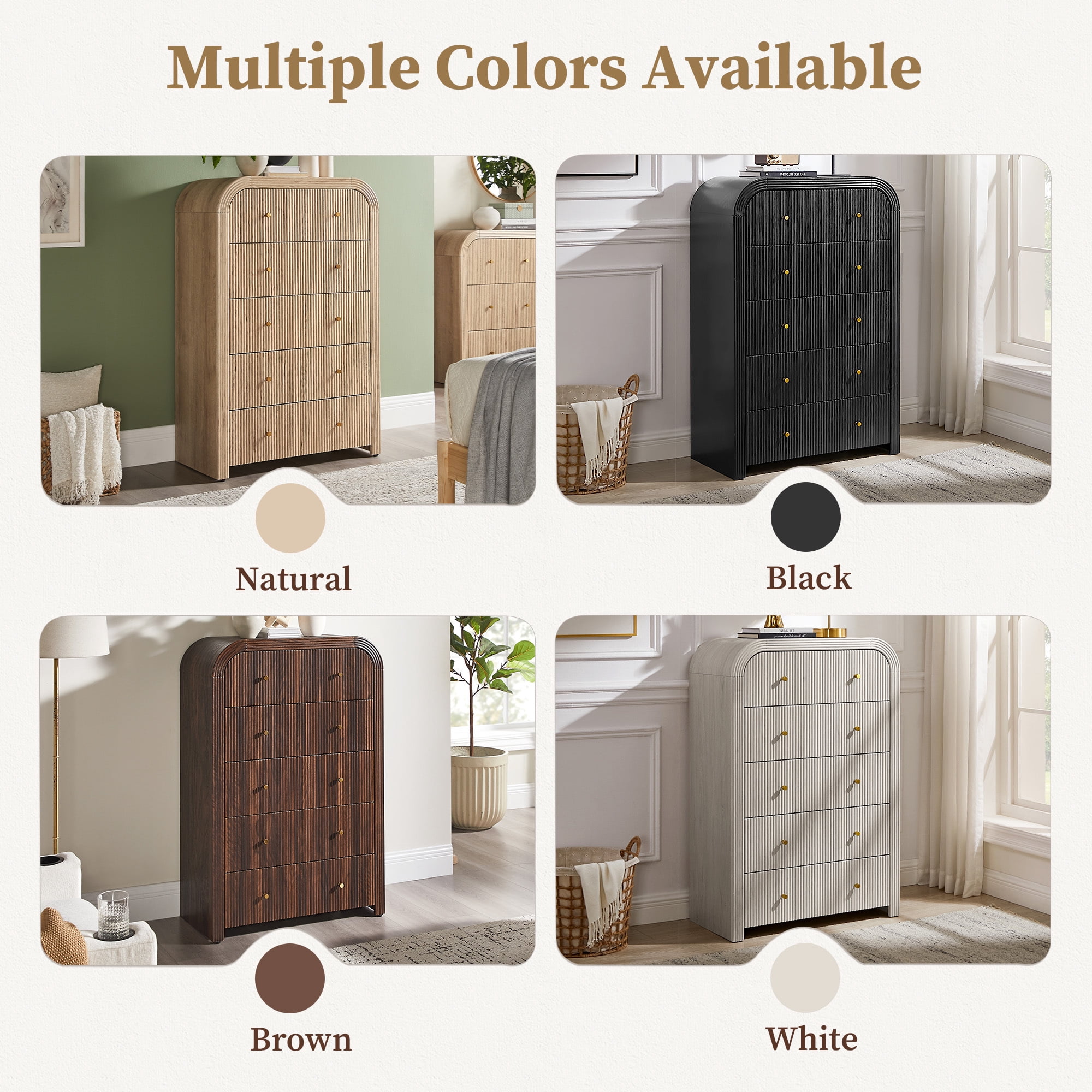 KeyWhat Modern 5-Drawer Dresser, 48" Fluted Tall Chest of Drawers with Curved Profile and Metal Handles, Wood Storage Cabinet for Bedroom, Living Room and Hallway, Natural Oak