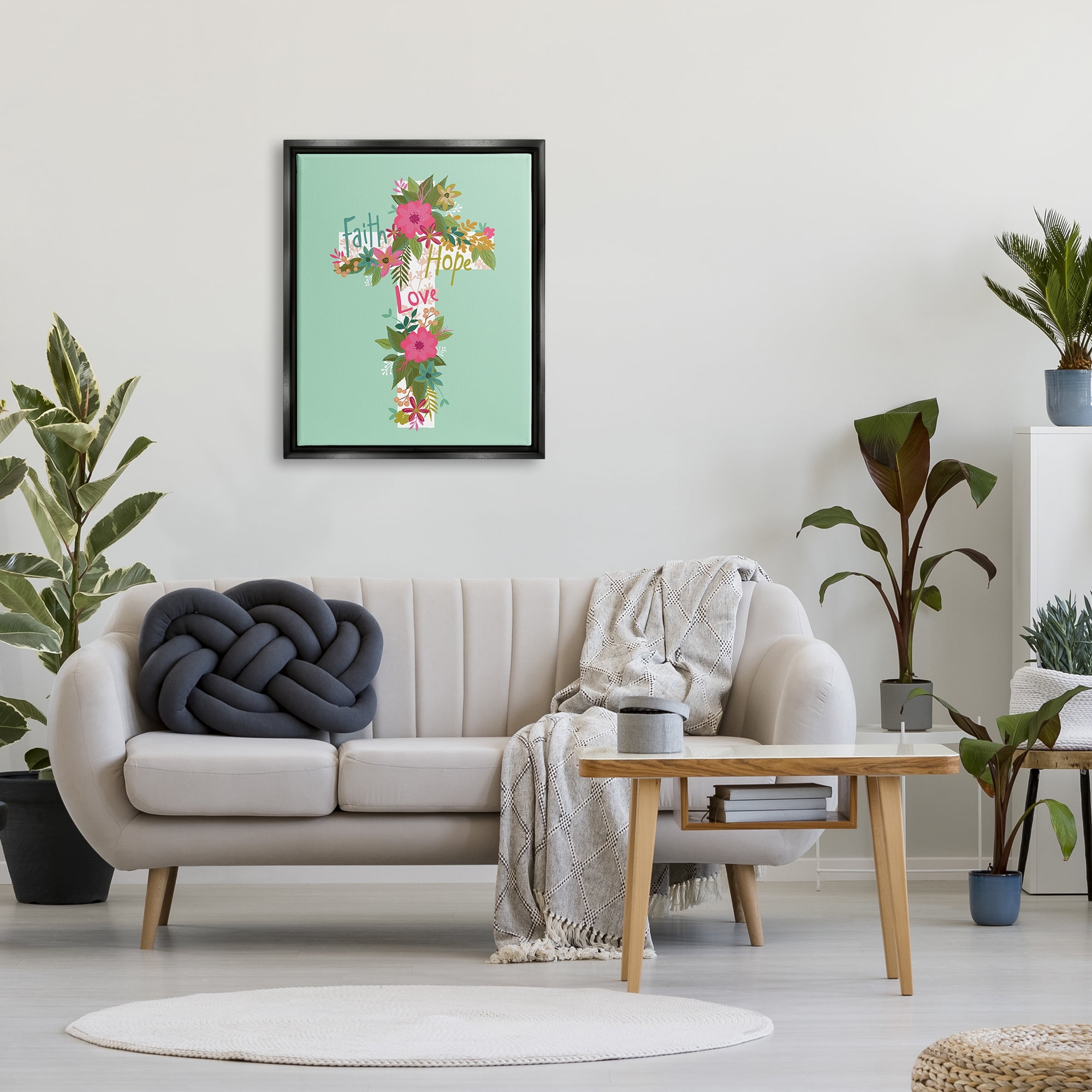Stupell Industries Faith Hope Love Floral Cross Religious Painting Black Floater Framed Art Print Wall Art