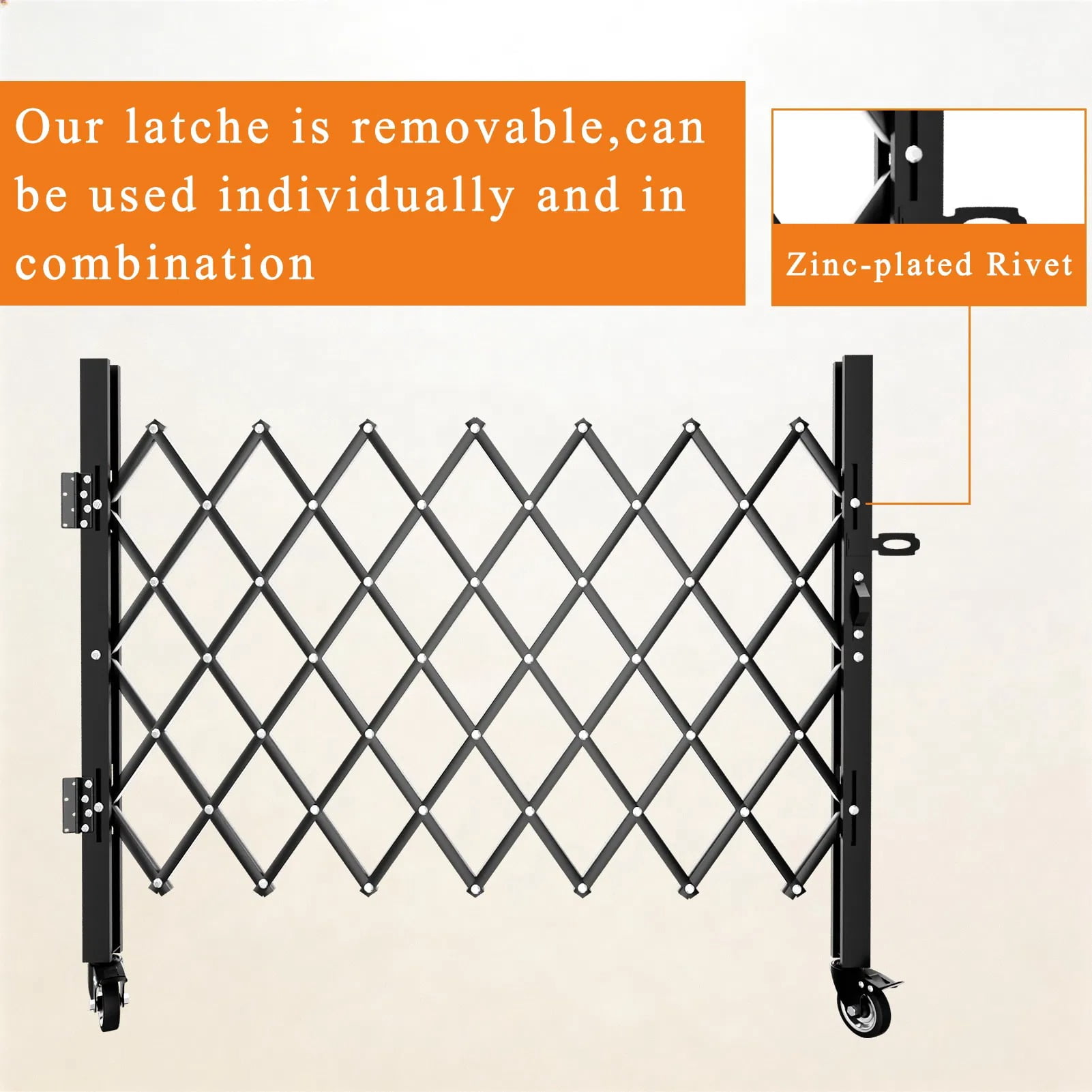 Foldable Expandable Security Gate, Mobile Rolling Safety Barrier with 360° Swivel Lockable Casters, Heavy-Duty Metal Barricade for Garage, Warehouse, Driveway and Pool