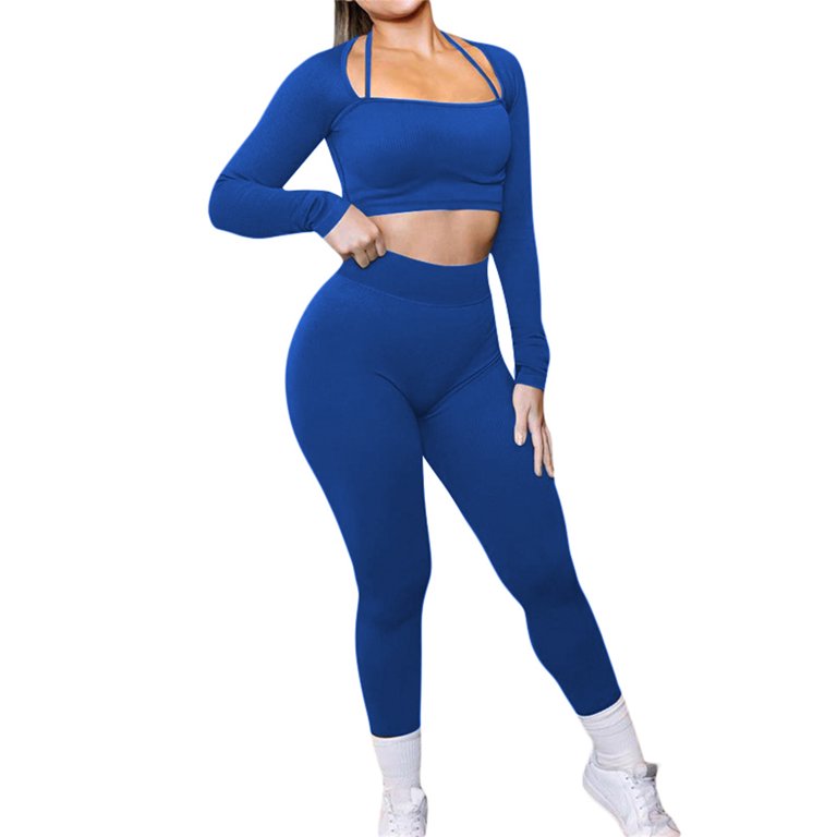 Women 2 Piece Workout Outfits Ribbed Long Sleeve Crop Top High Waist Yoga  Leggings Gym Sets Tracksuits 