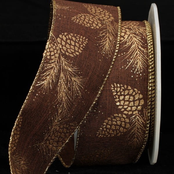 The Ribbon People Brown and Gold Pine Cones Wired Craft Ribbon 2.5" x 40 Yards