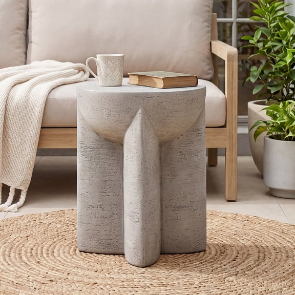 FOROUTIA 19.1 Inch Magnesium Oxide Outdoor Side Table, Sculptural Accent End Table, Heavy Duty Weather Resistant Patio Stool Table for Backyard Poolside Living Room Indoor Outdoor, Gray