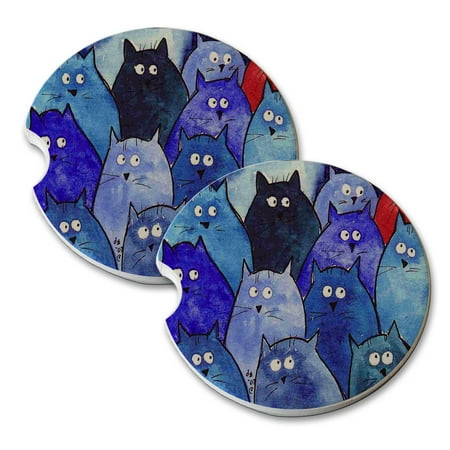 Blue Sand Store KuzmarK Sandstone Car Drink Coaster (set of 2) - Blue Kitties Stranger in Town Abstract Cat Art by Denise Every ()