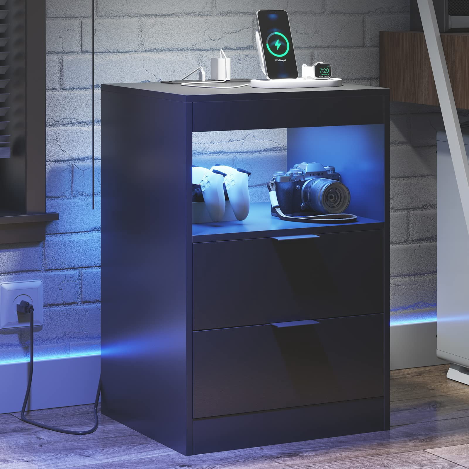 Afuhokles Nightstand with Wireless Charging Station Set of 2, LED Bedside Table with with 2 Drawers, Black