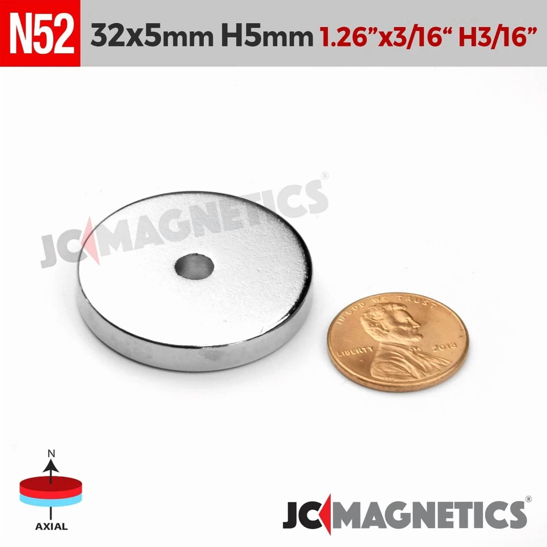 CIRCLE- 2Pcs 32Mm X 5Mm Hole 5Mm N52 Rare Earth Neodymium Magnet Ring Disc 32X5Mm H5Mm