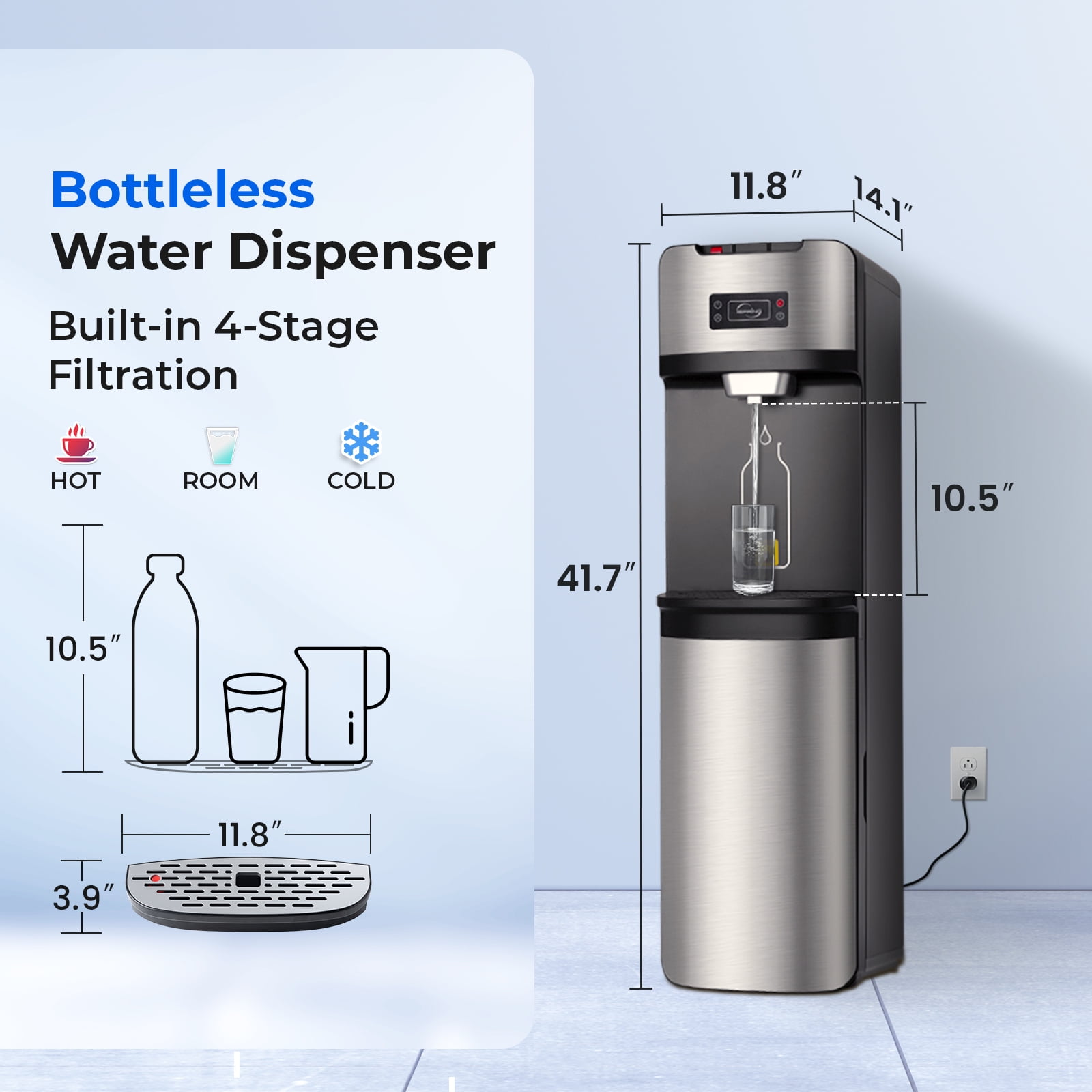 iSpring Bottleless Water Dispenser with Built-in 4-Stage Filtration, Chloramine Removal, Water Cooler Dispenser - Hot, Cold, Room Temp, Self Cleaning, Stainless Steel, Silver, Model: DS4S-NC