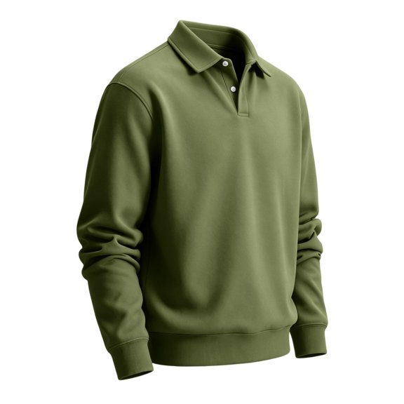 Delconic Mens Classic Polo Sweatshirt Long Sleeve Collared Pullover Casual Knit Top Regular Fit Button Placket Everyday Shirt Army Green L