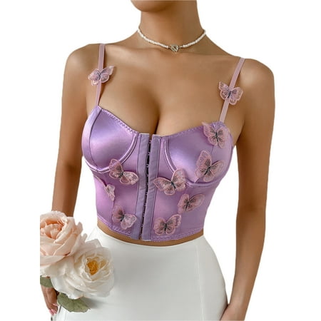

Genuiskids Women s Mini Skinny Camisole Purple Sleeveless Backless 3D Butterfly Decor Crop Tops Sexy Slim Push Up Cami Bustier Crop Tops Sling Vest