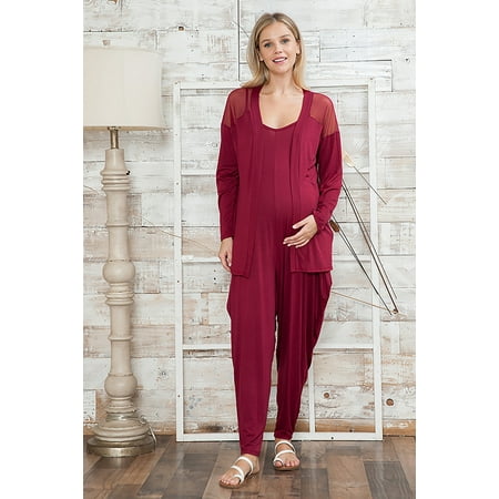 

Querencia Women s Maternity Camisole Jumpsuit with Mesh Detail Open Cardigan 2 Piece Set