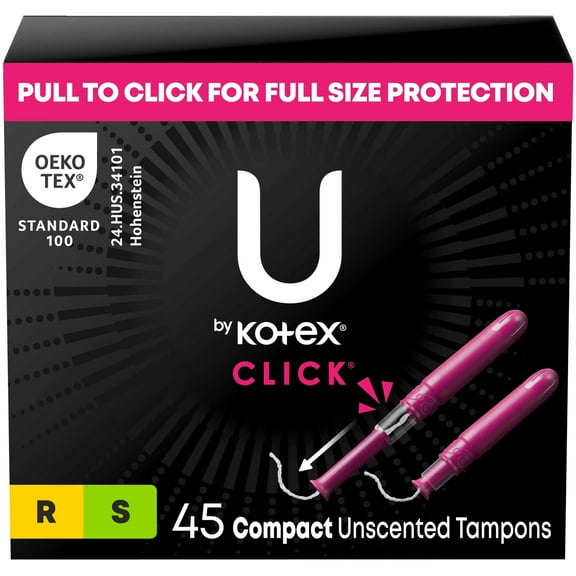 U by Kotex Click Compact Multipack Tampons, Regular/Super, Unscented, 45 Count