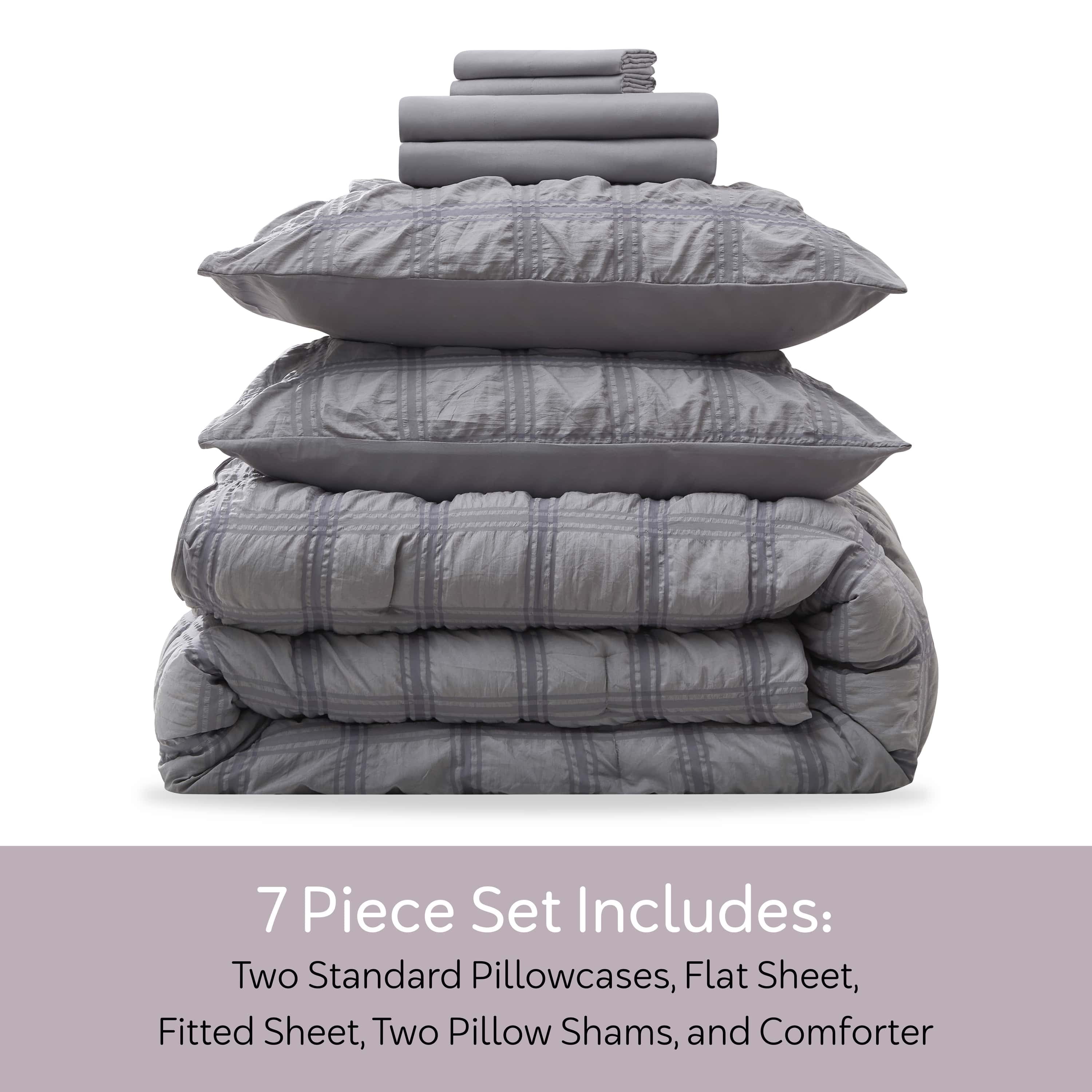 Virtu King Comforter Set, Seersucker King Size Comforter Set, 7-Pc All Season Bedding Comforter Set, Gray
