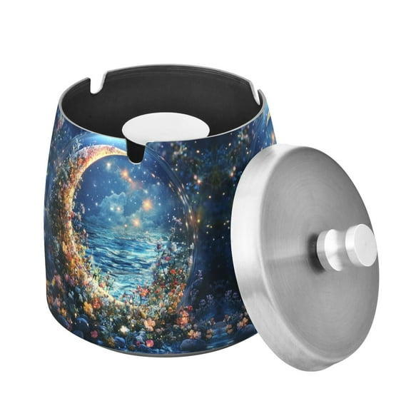 Yayeee Ashtray with Lid for Cigarette Smokeless Stainless Steel Home Ash Holder, Crystal Moon