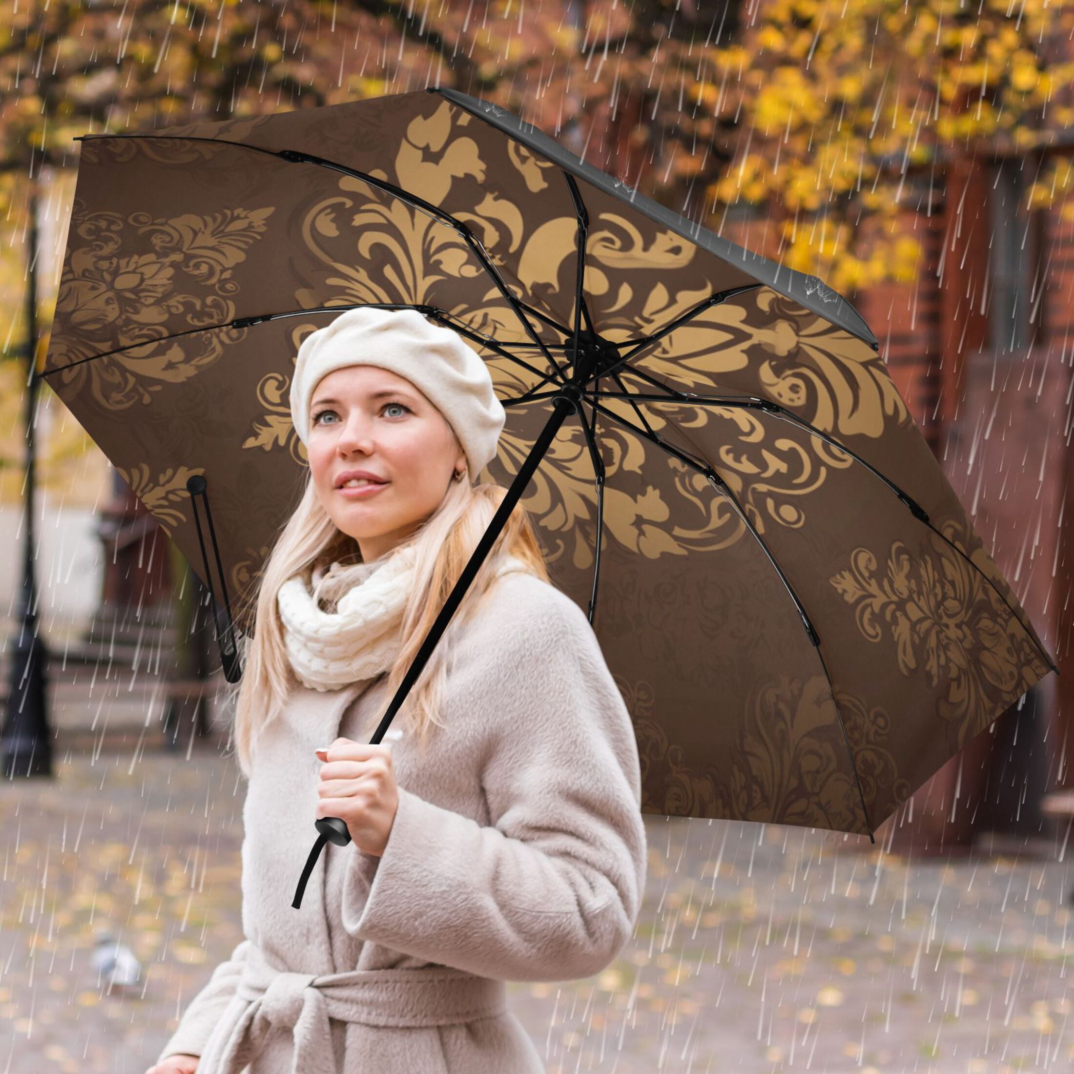 Damask Pattern Extra Large Automatic Umbrella, UV Protection, Waterproof, Auto Open and Close