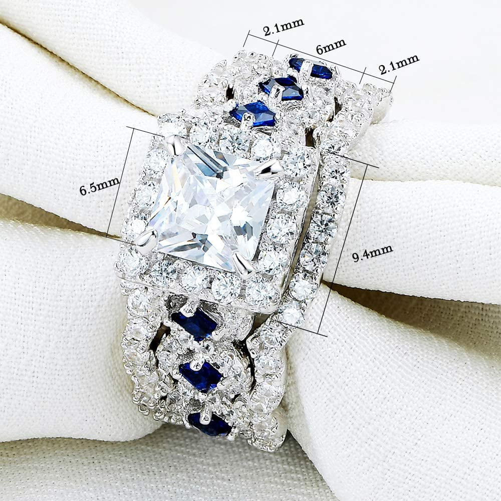 Engagement Wedding Ring Set 925 Sterling Silver 3pcs 2.5ct Princess Cz Blue 5-10 