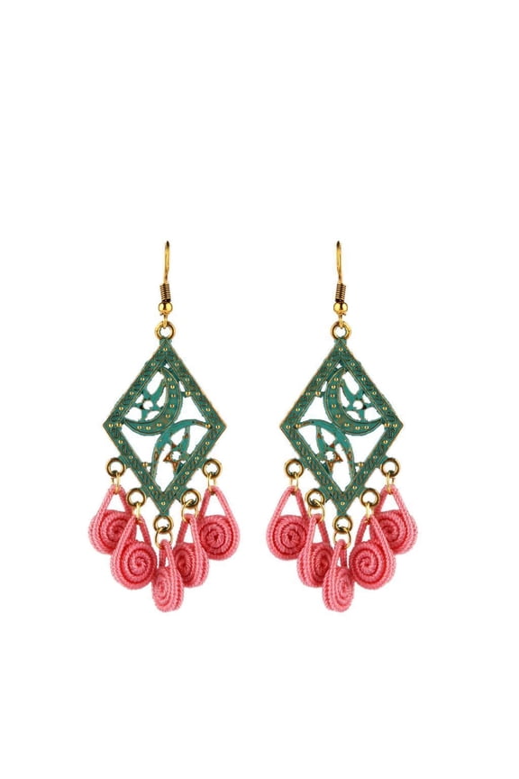 Ethnic Festival Fringe Chandelier Earrings Moon Engraving Rhombus Earrings - Pink