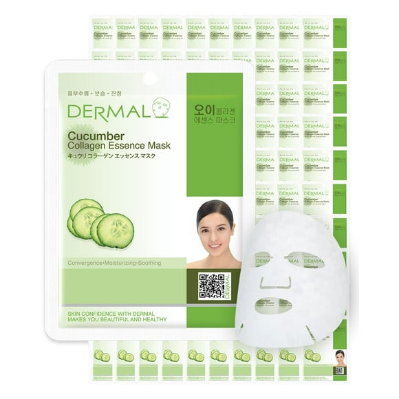 DERMAL Masque Facial à l'Essence de Collagène de Concombre 23g Lot de 100 - Apaisant & Hydratant, Soulagement des Rougeurs & Coups de Soleil, Solution de Traitement Quotidien pour la Peau Masque en Feuille
