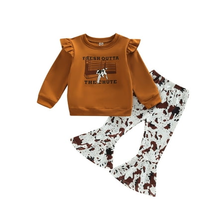 

Sunisery 2Pcs Toddler Baby Girls Autumn Clothes Long Sleeve Ruffled Pullover + Floral Geometric Print Flare Trousers Khaki 12-18 Months