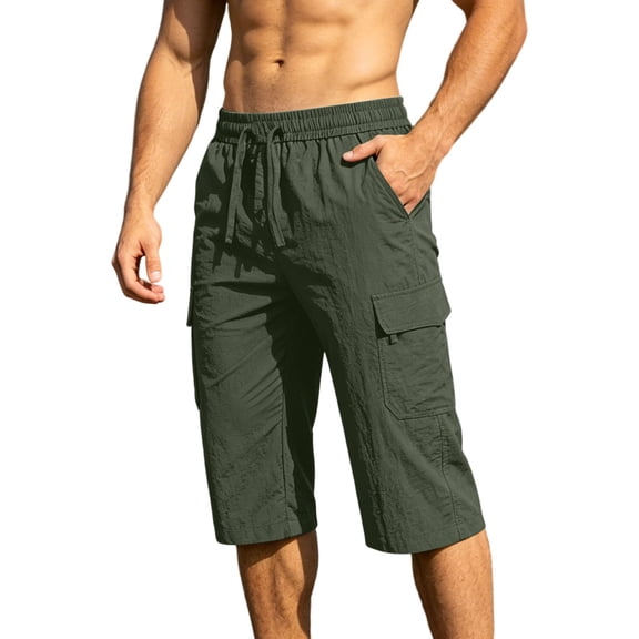 Guluxicc Mens Cropped Cargo Pants with Multi Pocket Elastic Waist Drawstring Capris for Everyday Wear Summer Casual Outfits