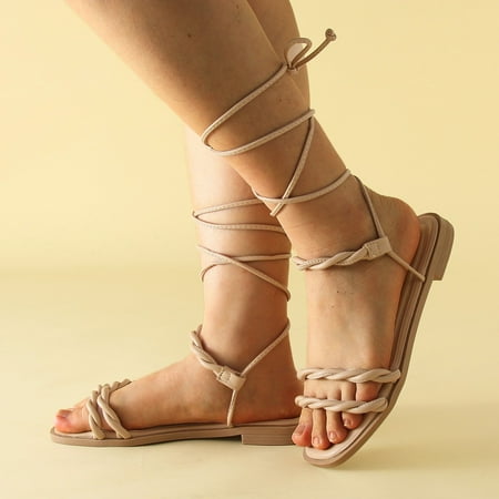 

XIAQUJ Women Shoes Flat Sandals Strappy Rope Bohemian Beach Summer Wind Female Sandals Sandals for Women Khaki 8.5(41)