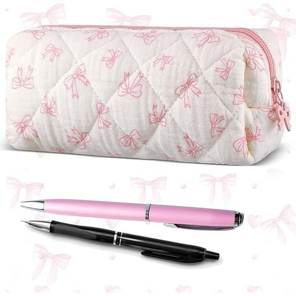 Coquette Bow Pencil Case Pink Bow Cute Pencil Pouch Soft Cotton Storage Bag Aesthetic Pattern Gift Makeup Pouch Cosmetic Bag for Women