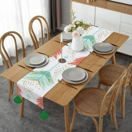 

Coral And Teal Arrows Table Runner Imitation Linen Table Runner With Green Tassels For Party And Dining Room 14 x 60