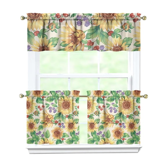 Farmhouse Sunflower Kitchen Curtains Set - 3 Piece Boho Floral Tier & Valance, Rustic Yellow Rod Pocket Window Panels, Country Caf Curtains