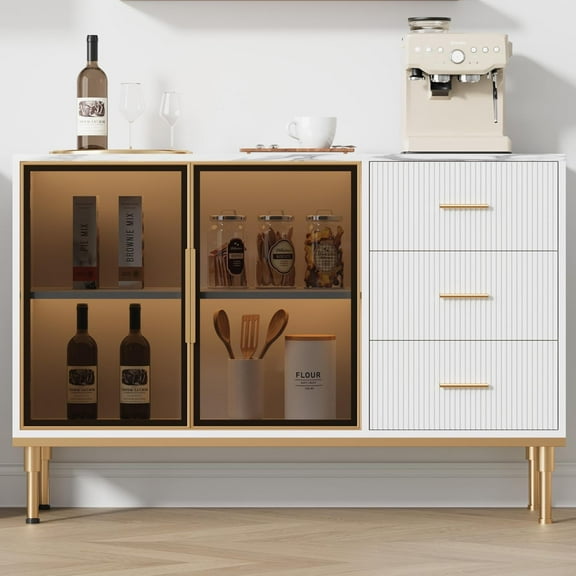 Sideboards Buffets Cabinet with Glass Doors, 3 Drawers, Marble Top Kitchen Sideboard Cabinet for Dining Room, Living Room