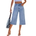 thumbnail image 2 of MLQIDK Capris for Women Dressy Casual Lounge Pants Knee Length Elastic Waist Lounge Pants Trendy Summer Pedal Pushers with Pockets Light Blue L, 2 of 5