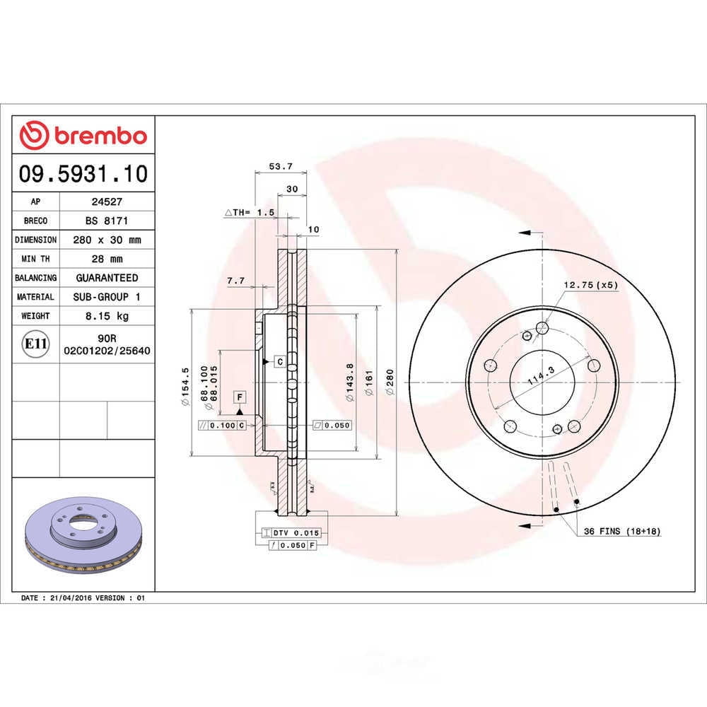 Brembo 09.5931.10 Disc Brake Rotor Fits select: 1992-1996 NISSAN 300ZX, 1990-1991 NISSAN 300ZX TURBO