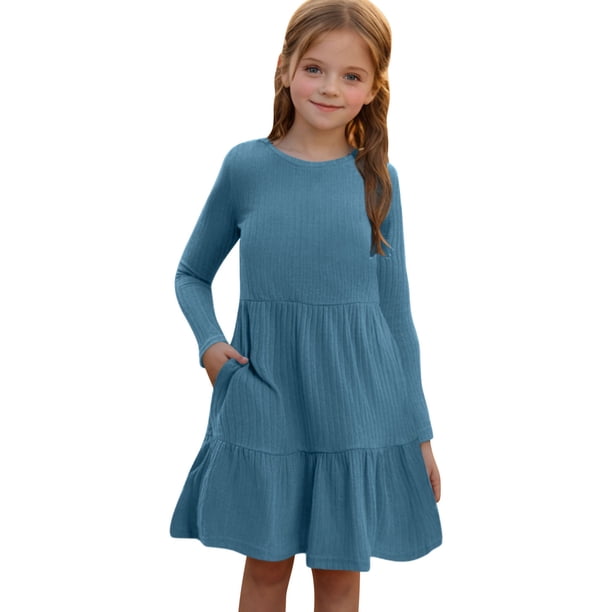 Odeerbi Niñas de Manga Larga Vestido de Punto de Canalé Niños Color Sólido Cuello Redondo Vestido de Princesa Con Bolsillo