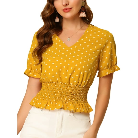 MODA NOVA Juniors Polka Dots V Neck Ruffle Short Sleeve Smocked Waist Blouse