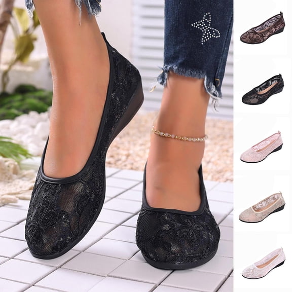 Zedker Women's Polka Dots Mesh Ballet Flats Bowknot Pointed Toe Ballerina Flats Closed Toe Comfortable Casual Work Shoes Beige 36