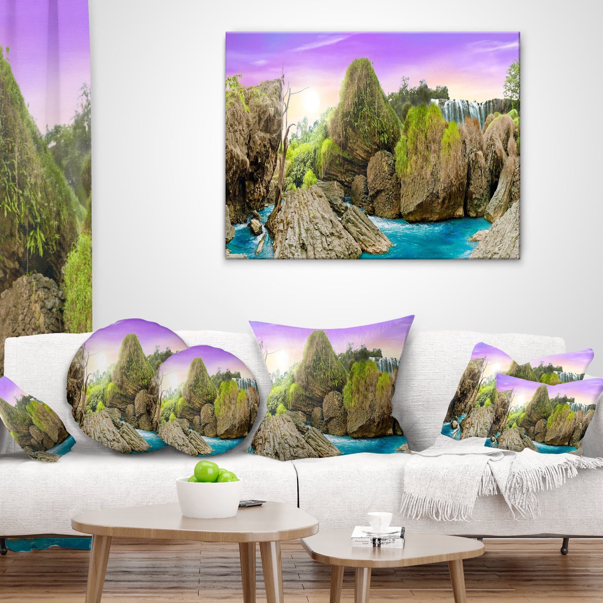 Designart Wild Forest and Waterfall Vietnam - Landscape Printed Throw Pillow - 12x20
