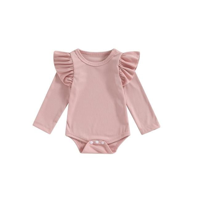 Faithtur Baby Girl Fall Romper Ruffle Long Sleeve Crew Neck Solid Color Bodysuit Newborn Playsuit