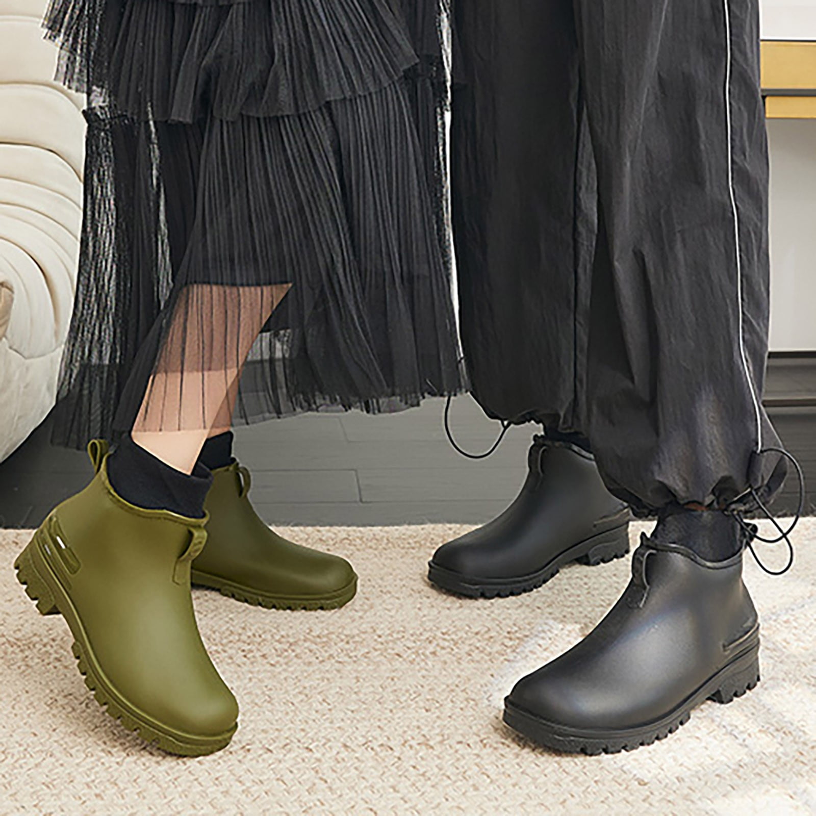 KANG Boots Women Non Detachable With Cotton Inside Rain Boots Outdoor Rubber Waterproof Shoes Rain Boots Collar Gardening Boots Ultra Lightweight Portable Garden Shoes