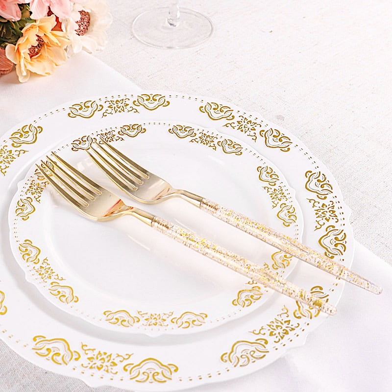 BalsaCircle 24 Clear 8.5' Disposable Plastic Forks Gold Glittered Handle Party Tableware